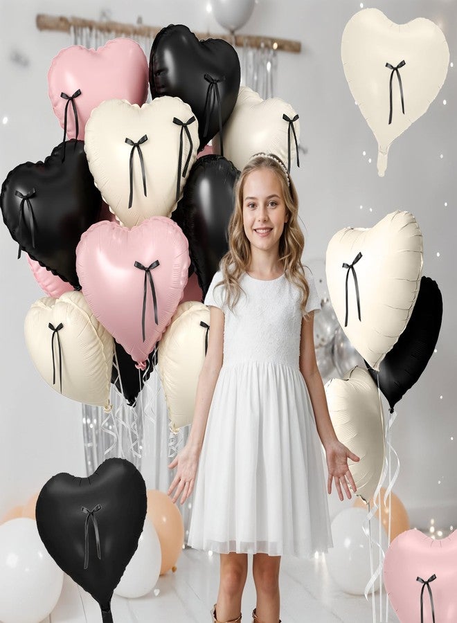 Biapian Pink and Black Heart Balloons, 10 Pcs Baby Pink Cream Heart Shaped Balloon with Black Bow Ribbon, 18 Inch Pink Sand White Foil Balloons for Brithday Baby Shower Wedding Valentines Party Decoration - Image 5